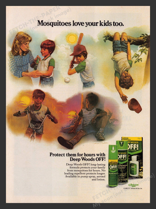 Johnson Wax 1980s Print Advertisement 1983 Deep Woods Off! Mosquito Kids Fetch the Paper!