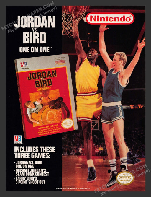 1990 Print Advertisement Jordan Vs. Bird One on One Athlete Video Game Ad.