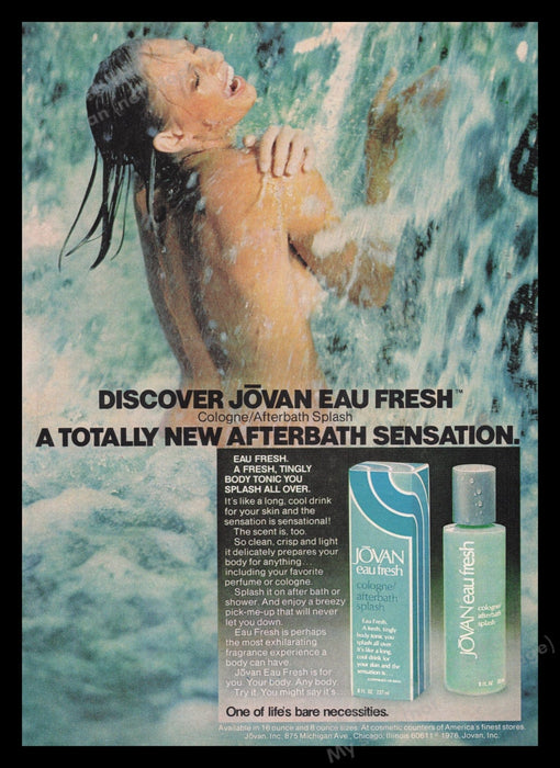 Jovan Eau Fresh 1970s Print Advertisement Ad 1977 Naked Woman Waterfall Fetch the Paper!