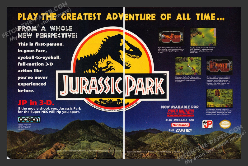 1993 Print Advertisement 2 Page Jurassic Park Video Game Ad.