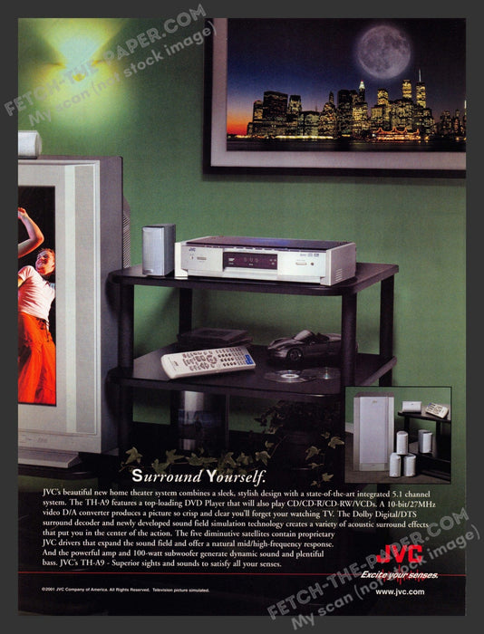2001 JVC TH-A9 Home Theater System NYC Skyline Twin Towers Print Advertisement.