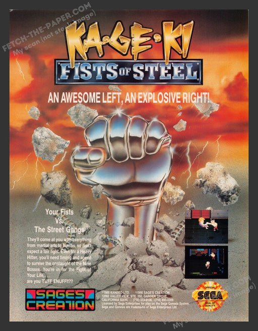 1991 Print Advertisement Ka-Ge-Ki: Fists of Steel Video Game Ad.