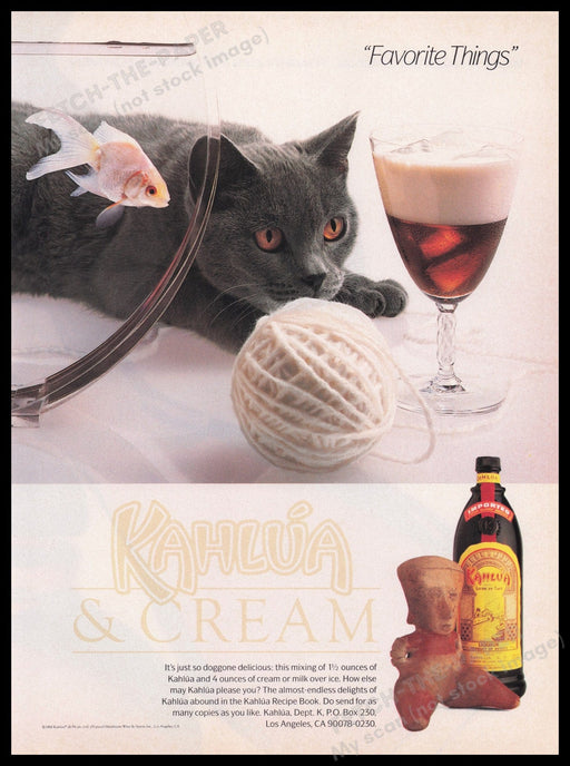 Kahlua Liqueur 1980s Print Advertisement Ad 1989 Gray Cat Goldfish Cream Fetch the Paper!