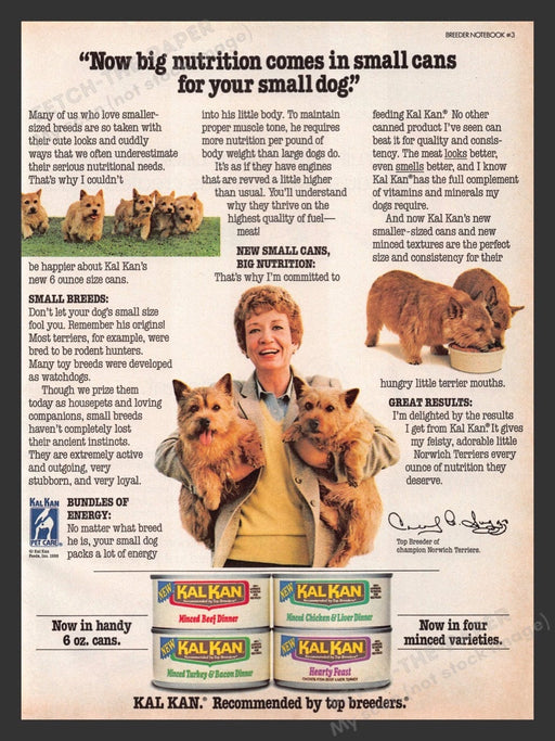 1986 Kal Kan Dog Food - Norwich Terrier Dog Breeder Print Advertisement Ad