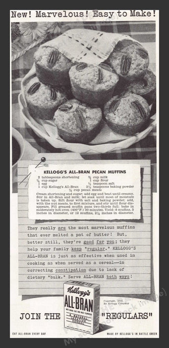 1941 Kellogg's All-Bran Cereal Pecan Muffins Recipe Print Advertisement Ad