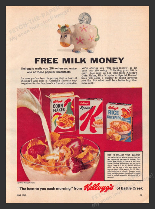 1964 Kellogg's Cereal "Free Milk Money" Print Advertisement Ad