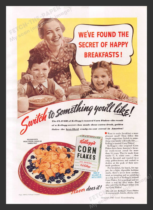 1940 Kellogg's Corn Flakes Family Cereal Breakfast School Print Advertisement Ad