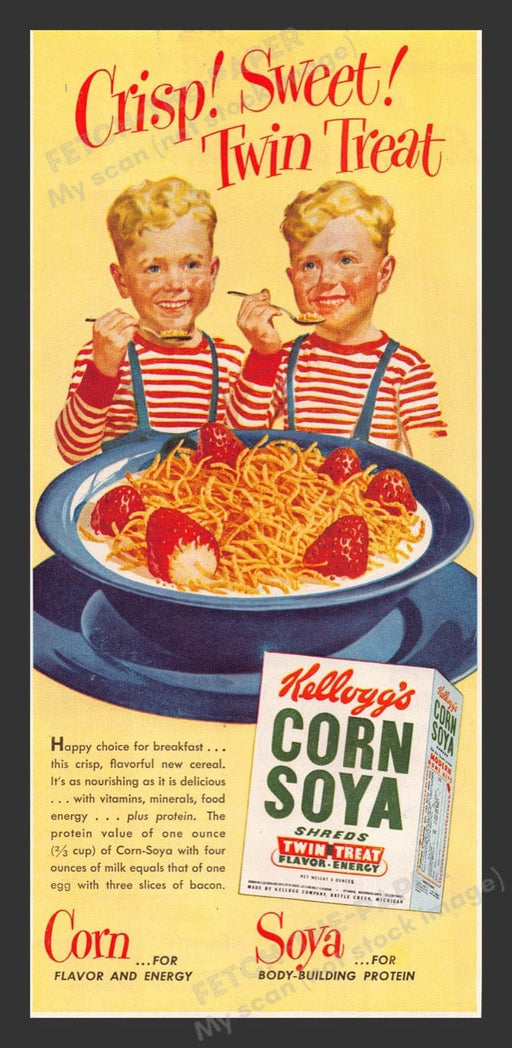 1948 Kellogg's Corn Soya Shreds Cereal with Twins Print Advertisement Ad