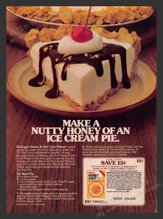 1981 Kellogg's Honey & Nut Cereal "The Roof Pie" Recipe Print Advertisement Ad