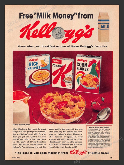 1963 Kellogg's "Milk Money" Cereal Flakes Rice Crispies Print Advertisement Ad