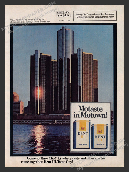 1982 Print Advertisement Kent III Cigarettes Detroit Cityscape Motown Ad.