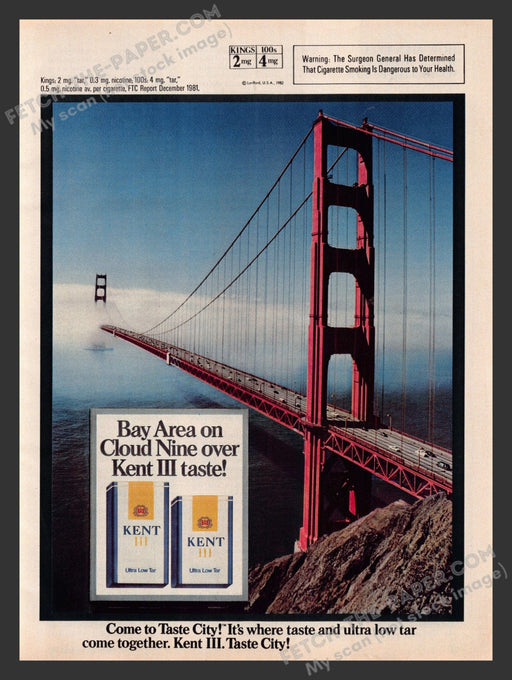1982 Print Advertisement Kent III Cigarettes Golden Gate Bridge Ad.