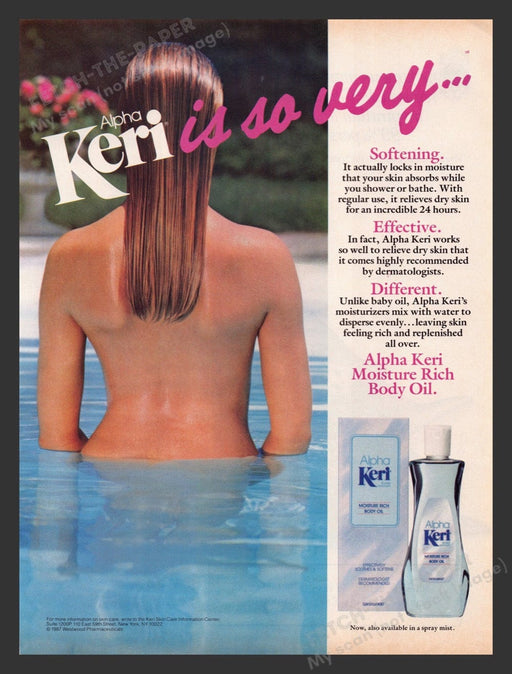 1988 Keri Alpha Moisture Rich Body Oil Sexy Nude Back Print Advertisement Ad
