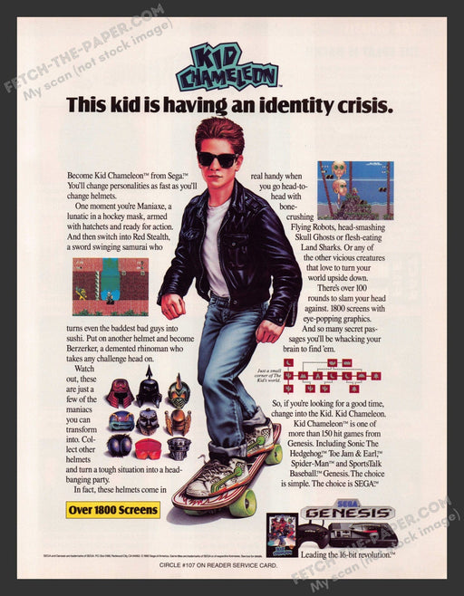 1992 Print Advertisement Kid Chameleon Video Game Ad.