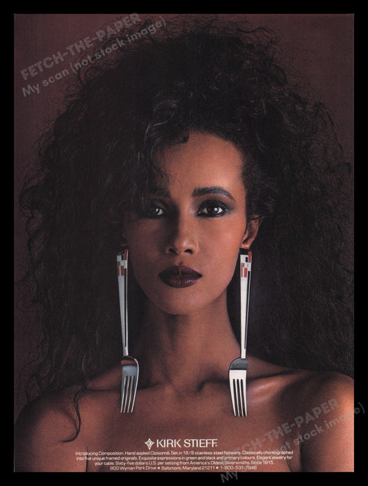 Kirk Stieff 1980s Print Advertisement Ad 1987 Iman Fork Earrings Cloisonne Fetch the Paper!