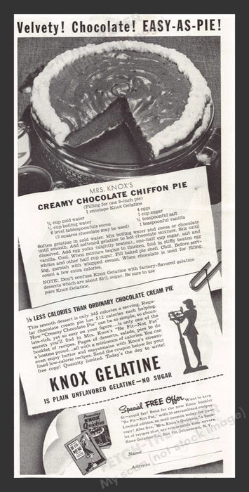 1940 Knox Gelatine Chiffon Pie Recipe Print Advertisement Ad