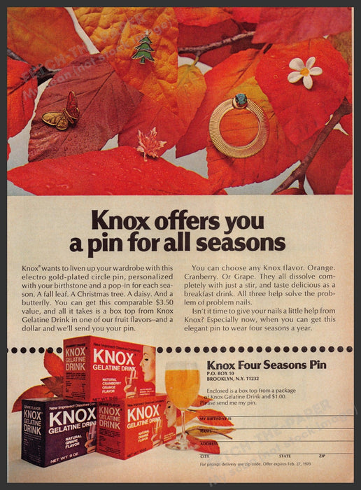 Knox Gelatine Drink 1960s Print Advertisement 1969 Four Seasons Pins Collectible Fetch the Paper!