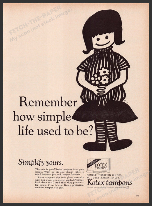 Kotex Tampons Cartoon Girl 1960s Print Advertisement 1969 Fetch the Paper!