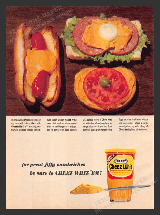 1964 Kraft Cheez Whiz Hot Dog & Sandwiches Print Advertisement Ad