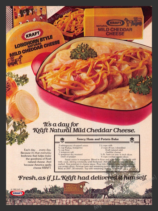 1980 Kraft Longhorn Style Cheese "Saucy Ham and Potato Bake" Recipe Print Ad