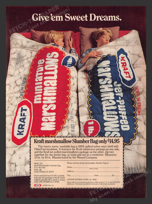 1980 Kraft Marshmallows Kids Sleeping / Slumber Bags Print Advertisement Ad