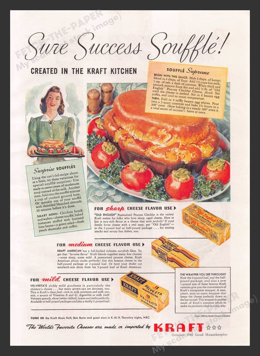 1940 Kraft Velveeta Cheese Recipe Print Advertisement Ad