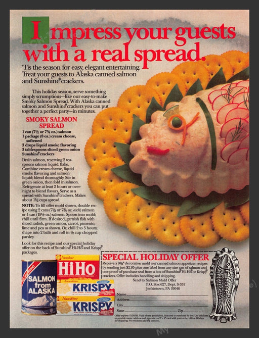 1984 Krispy, HiHo & Salmon "Smoky Salmon Spread" Recipe Print Advertisement Ad