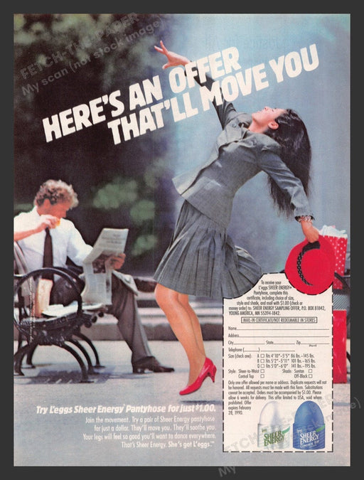 1989 L'eggs Sheer Energy Pantyhose Park Dancing Woman Print Advertisement Ad