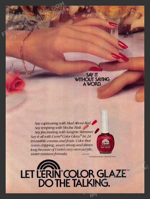 1982 Print Advertisement L'erin Color Glaze Finger Nail Polish Hands Ad.