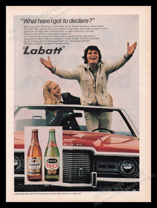 Labatt Beer 1970s Print Advertisement Ad 1972 "Declare Labatt" Convertible Fetch the Paper!