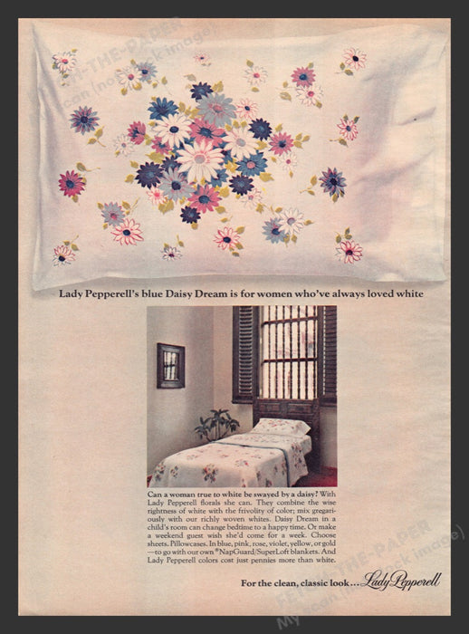1964 Lady Pepperell Linens Blue Daisy Dream Pattern Print Advertisement Ad