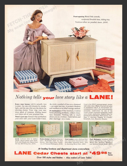 1956 Lane Cedar Chests Blonde Oak Console Print Advertisement Ad