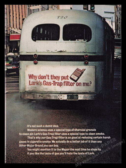Lark Cigarettes 1970s Print Advertisement Ad 1970 Bus Filter Muffler Gas-Trap Fetch the Paper!