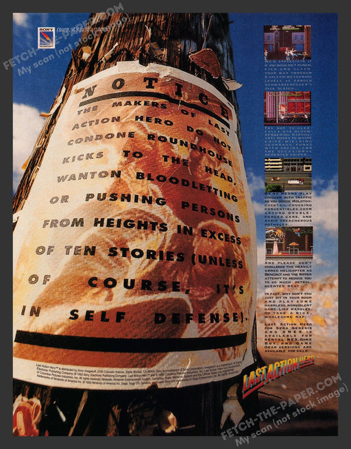 1993 Print Advertisement Last Action Hero Video Game Ad.