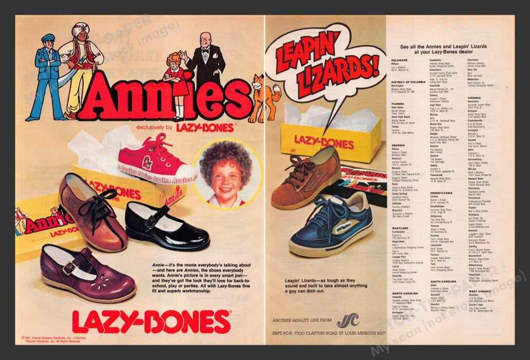 1982 Lazy-Bones Kids Shoes "Annies" Orphan Print Advertisement (2 Pages)