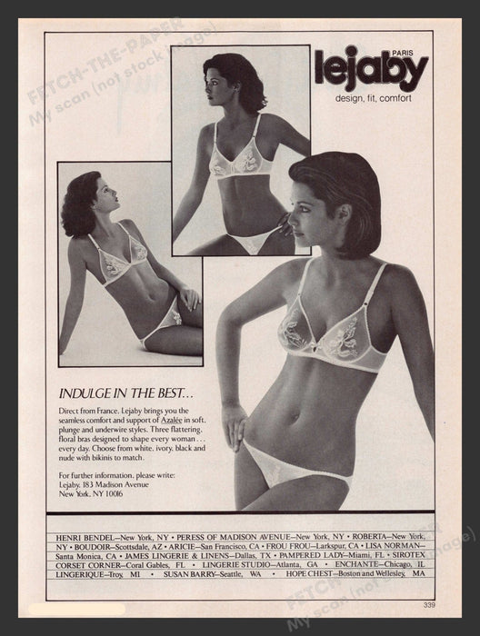 Lejaby 1980s Print Advertisement Ad 1983 Azalee Lingerie Bra Panties Fetch the Paper!
