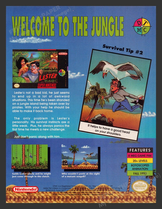 1993 Lester The Unlikely Survival Tip #2 Video Game Print Advertisement