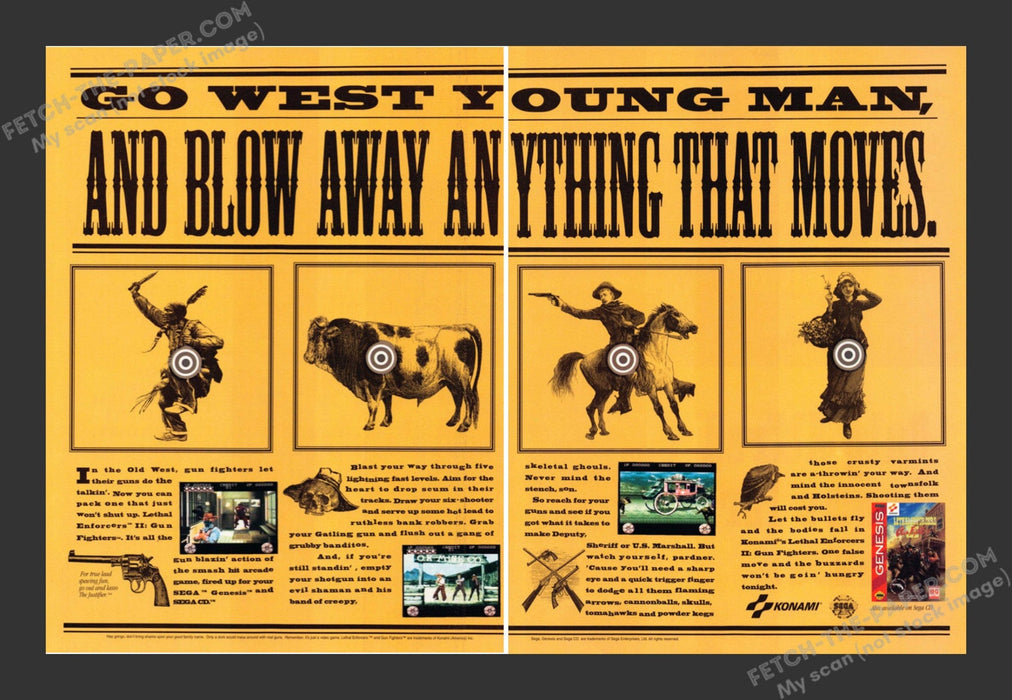 1994 Print Advertisement 2 Page Lethal Enforcers and Gun Fighters Video Game Ad.