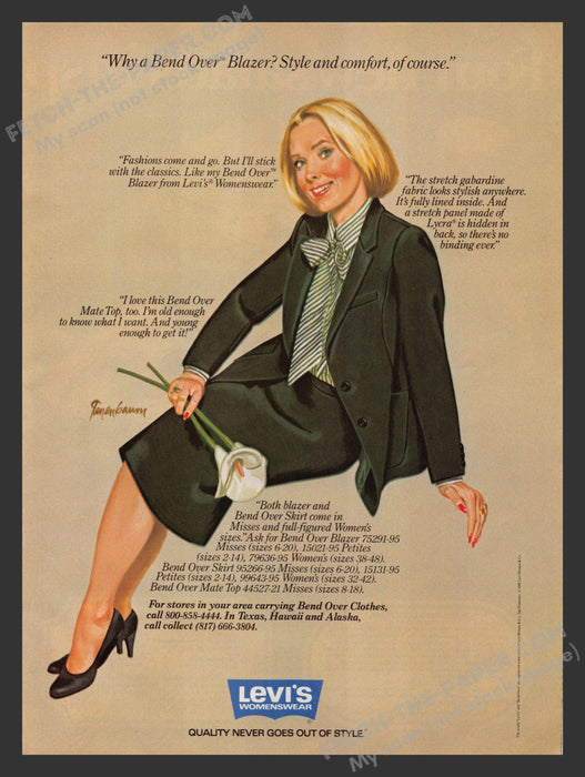 1983 Print Advertisement Levi's Womenswear "Bend Over" Blazer Clothing Ad.