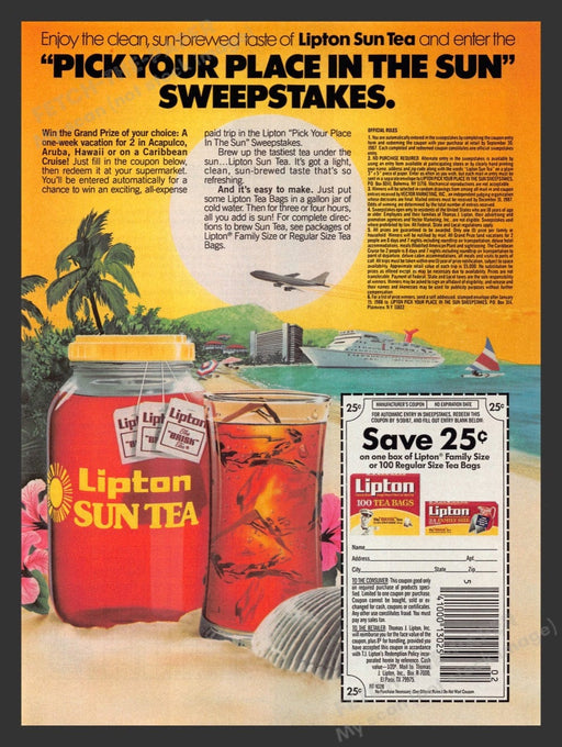 1987 Lipton Sun Tea Sweepstakes Hawaii Acapulco Cruise Print Advertisement Ad