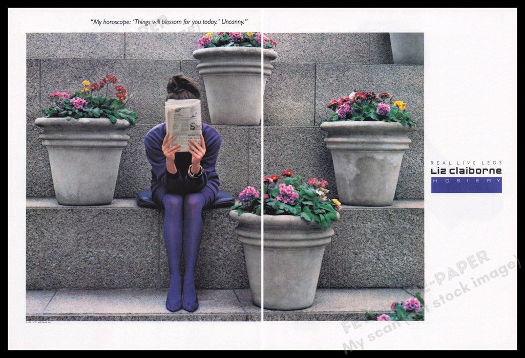 Liz Claiborne Hosiery 1990s Print Advertisement (2 pages) 1991 Legs Shy Model Fetch the Paper!