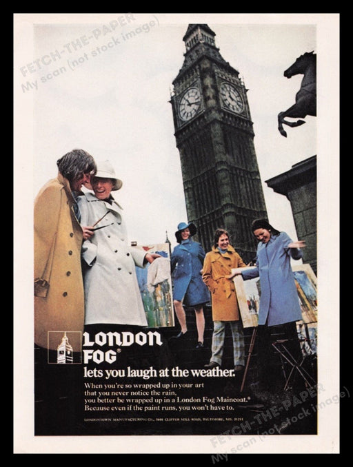 London Fog Coats 1970s Print Advertisement Ad 1970 Big Ben Clock Fetch the Paper!