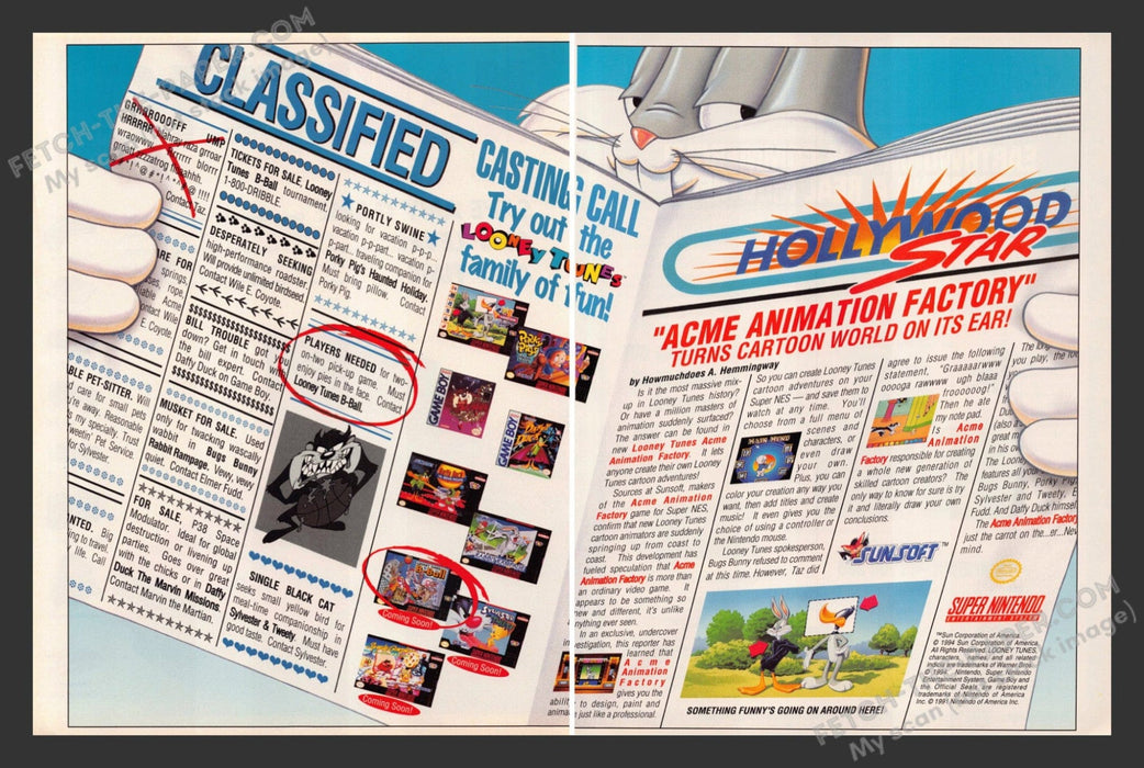 1994 Print Advertisement 2 Page Looney Tunes Lineup Video Games Ad.