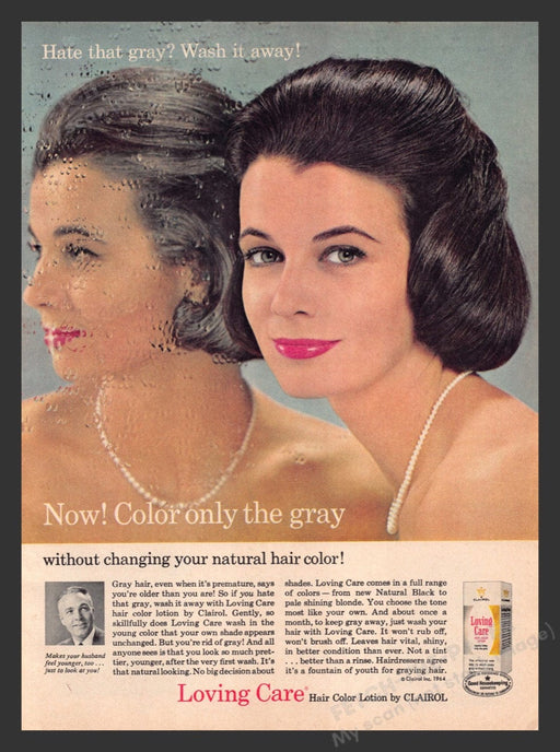 1964 Loving Care Natural Hair Color Brunette Pearls Print Advertisement Ad