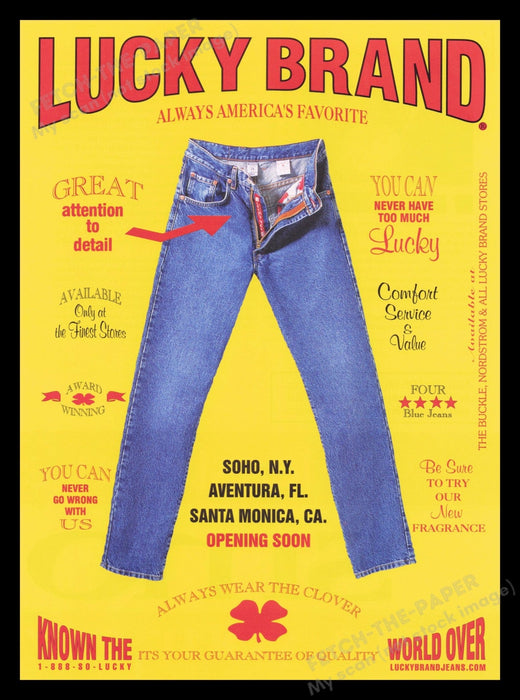 Lucky Brand 1990s Print Advertisement Ad 1998 Jeans "America's Favorite" Fetch the Paper!