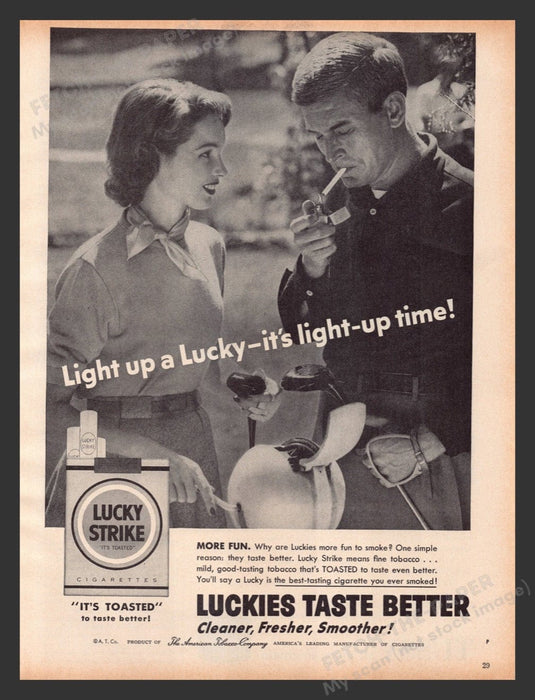 1956 Lucky Strike Cigarettes Couple Playing Golf Print Advertisement Ad