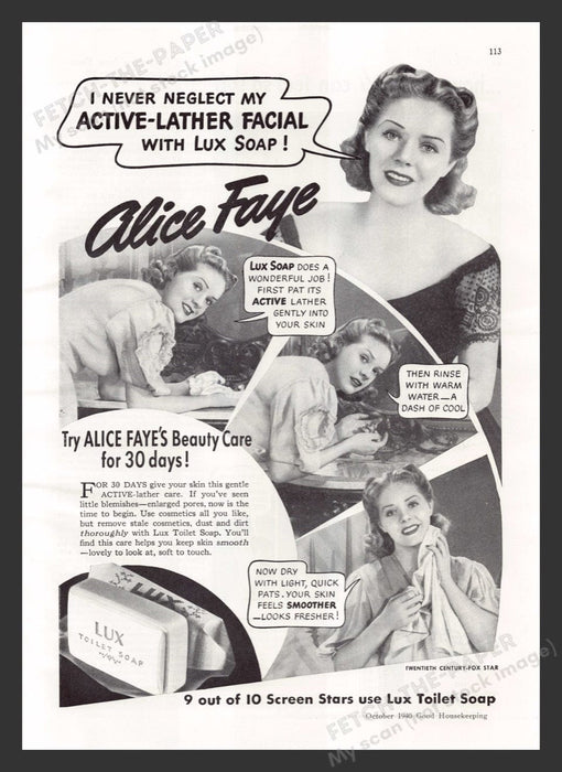 1940 Lux Toilet Soap Alice Faye Print Advertisement Ad