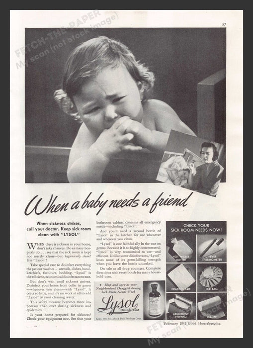1941 Lysol Disinfectant Crysing Sick Baby Print Advertisement Ad