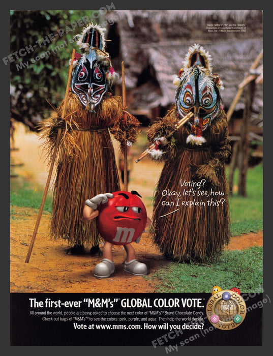 2002 M&M's Candy Red Color African Tribal Masks & Dancers Print Advertisement.