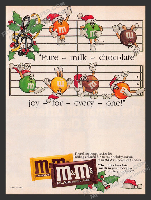1985 Print Advertisement M&M's Christmas Holiday Song Candy Ad.